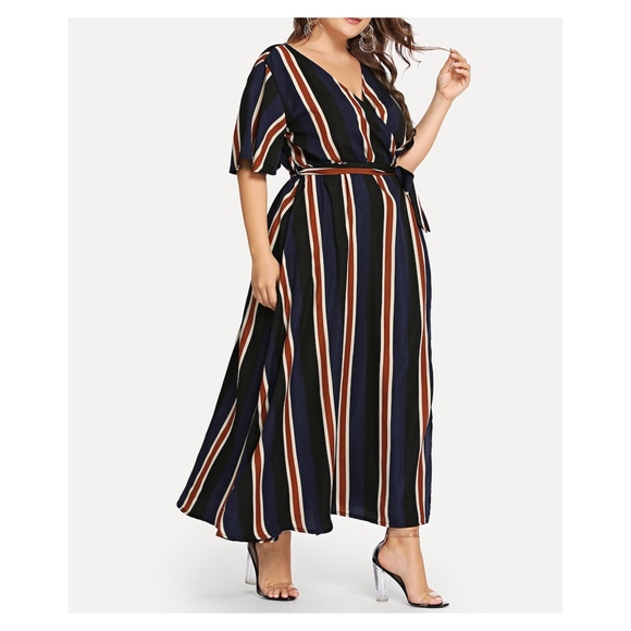 MBM Unlimited Dresses & Skirts - Blue Striped V Neck Wrap Plus Size Maxi Dress